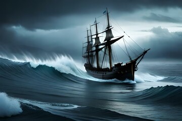 Fototapeta na wymiar A tense scene of an ancient ship fighting a sea storm - AI generative