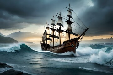 A tense scene of an ancient ship fighting a sea storm - AI generative © Taimoor