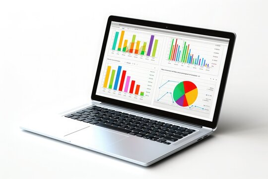 Laptop with analytical financial charts on the screen on a white background.