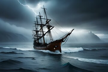 Fototapeta na wymiar A tense scene of an ancient ship fighting a sea storm - AI generative