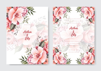 Elegant wedding card with pink roses floral and leaves template. Romantic hand drawn floral wedding invitation card set