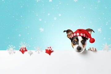 A cute jack russell terrier in a christmas hat peeks out behind an empty white banner for advertising text and snowflakes in the background.