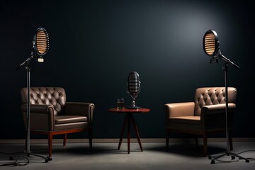 Two chairs and microphones in a podcast or interview setting, Generative Ai