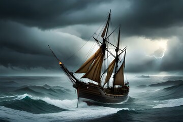 A tense scene of an ancient ship fighting a sea storm - AI generative