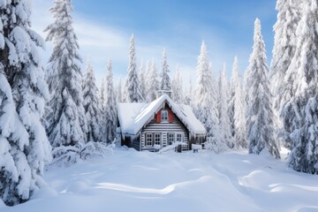A cozy cabin nestled amidst a snowy forest on a bright and sunny winter day.