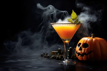Mysterious pumpkin orange cocktail for halloween in a glass with pumpkin jack and mystical fog in the background.