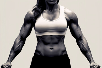 Strong muscular woman in sportswear with faded beige tones.