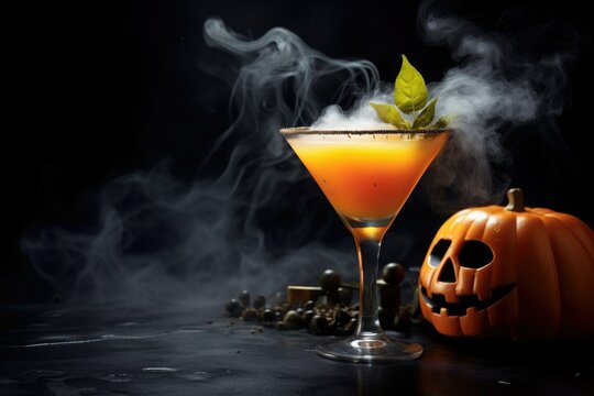 Mysterious Pumpkin Orange Cocktail For Halloween In A Glass With Pumpkin Jack And Mystical Fog In The Background.