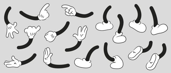 Set of retro cartoon legs, arms gestures and hands poses. Comic funny character foot walking and hands in glove. Animation mascot body parts collection. Vector illustration