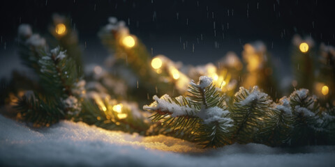Abstract Christmas Background. Pine tree branches in snow with Christmas Lights at night. Generative ai illustration