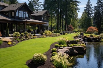 Obraz premium The backyard in the northwest region of the USA presents a visually appealing sight, featuring newly created planting beds and a meticulously maintained lawn.