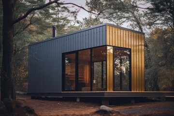 A recently constructed structure made of metal frames and covered with siding. The process of building a brand new small dwelling. The camera is focused on specific elements.