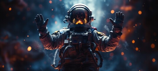 Astronaut hands up pose in dark space background. Generative AI technology