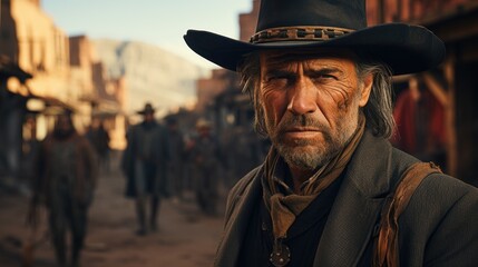 Close-up shot of a cowboy and a western town.