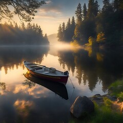 morning on the lake, boat at sunset, boat on the lake, boat on the river in the moring