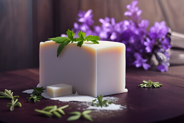 Fototapeta na wymiar a white soap with a herb on. Generative AI