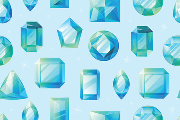 Luxurious expensive gems, diamonds and blue emeralds. Vector cartoon seamless shining pattern with precious jewelry. - obrazy, fototapety, plakaty