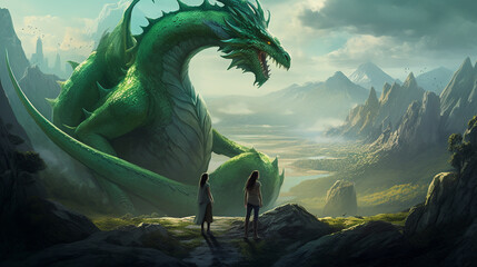 Emerald dragon man and young woman in the mountains fantasy world