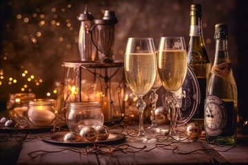 glasses with champagne and clock on the table with Christmas decorations. new year eve, generative AI.