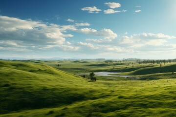 Landscape photography of prairies and green fields, Generative AI