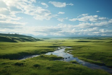 Fototapeta na wymiar Landscape photography of prairies and green fields, Generative AI