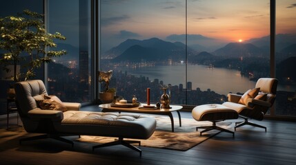 Fototapeta premium Luxury penthouse with floor to ceiling windows, with white marble floors and painted wall. Generative AI