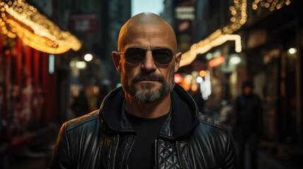 Fototapeta premium A man in his 30s with a shaved head and a goatee. He is wearing a black leather jacket.