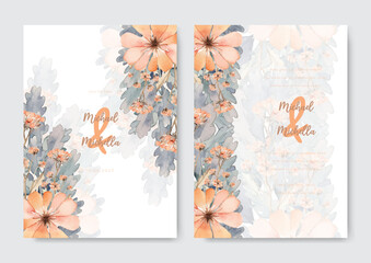 Nude flowers and leaves watercolor wedding invitation card with text layout. Beautiful orchid invitation card template