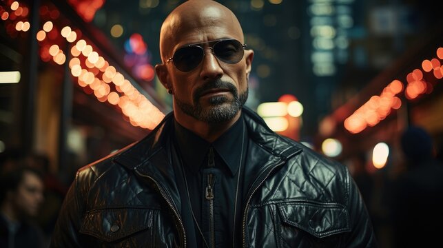 A man in his 30s with a shaved head and a goatee. He is wearing a black leather jacket.