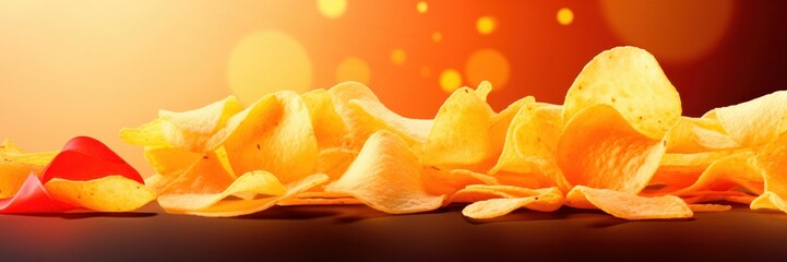 potato chips on a yellow background, panorama or banner. Crispy fresh potato chips, snacks background. Top view, flat lay. Banner