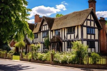 Fototapeta na wymiar William Shakespeares place of birth, located on Henley Street in Stratford upon Avon, looks enchanting on a warm summer day in England, United Kingdom.
