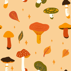 Seamless vector pattern with mushrooms. Cute hand-drawn autumn fungi seasonal illustration