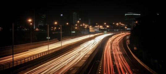 Fototapeta na wymiar Busy night city highway car lights trails background. Generative AI technology.