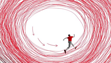 Man endlessly running in drawn circle. Hopeless situation. Hidden fears and routine pressure. Stop motion, animation. Contemporary art. Concept of inner world, feelings, mental health and psychology