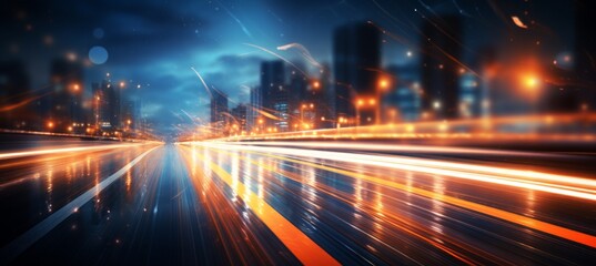 Fototapeta na wymiar Highway speed lights trails on bokeh night cityscape background. Motion blur effect. Generative AI technology.