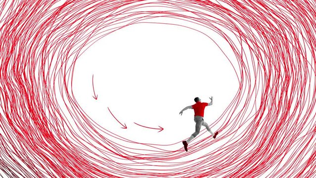 Man endlessly running in drawn circle. Hopeless situation. Hidden fears and routine pressure. Stop motion, animation. Contemporary art. Concept of inner world, feelings, mental health and psychology