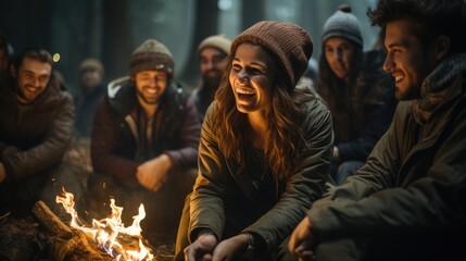 A group of friends having fun in front of the campfire