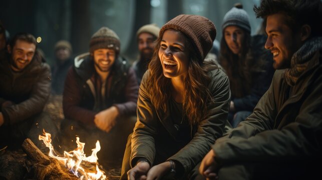 A group of friends having fun in front of the campfire