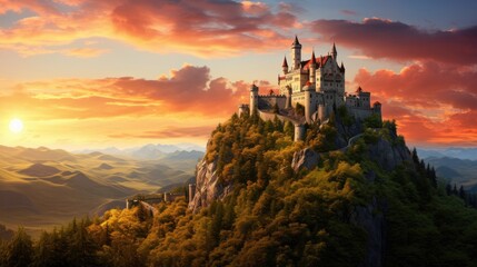 Obraz premium Castle on the hill morning or sunset. Generative AI