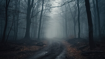 Fog In Spooky Forest At Moon Light On Asphalt.