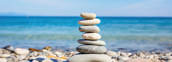 Fototapeta na wymiar Some stones are stacked on a beautiful seaside sandy beach