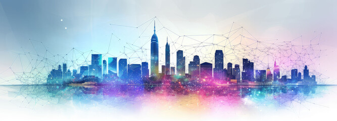 colorful modern city science and technology interconnection information network background material