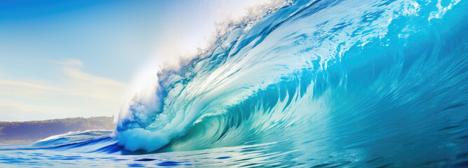 Wide surf view of clear rushing waves