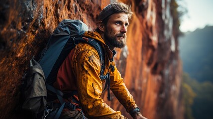 A mountaineer is resting on the edge of a cliff.