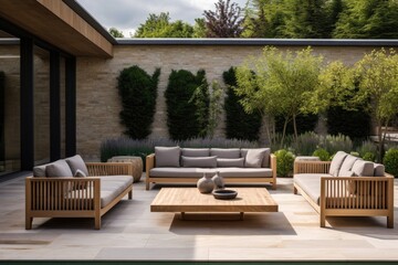 Outdoor seating and garden furniture are placed on the patio of a modern house.