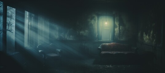 Abandoned vintage room on dark melancholic background. Generative AI technology.