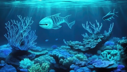 Fototapeta na wymiar Luminescent beautiful underwater world fishes and others.