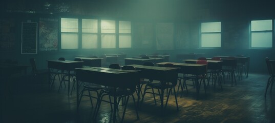 Empty haunted classroom melancholic background. Generative AI technology. - obrazy, fototapety, plakaty
