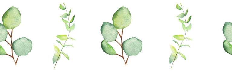 Seamless pattern green leaves trees and branches, foliage of natural branches, green leaves, herbs, tropical plants hand drawn watercolor on white background.