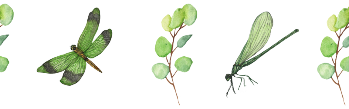 Seamless pattern green leaves trees and dragonfly, foliage of natural branches, green leaves, herbs, tropical plants hand drawn watercolor on white background. - Powered by Adobe